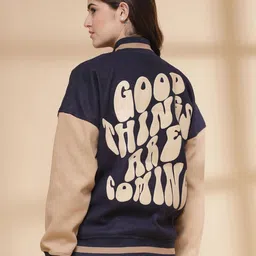 CHKOKKO Women Stand Collar Typography Printed Fleece Casual Varsity Jacket-picture-6