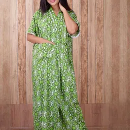 CLYMAA Green Pure Cotton Maxi Printed Nightdress-image-67