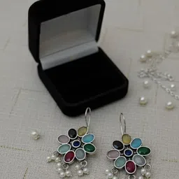 Sunhari Jewel Silver Plated Artificial Stones Studded & Beaded Floral Drop Earrings image 2