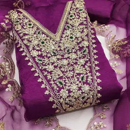 Peachmode Embroidered Art Silk Unstitched Dress Material-image-94