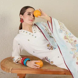 Indo Era Floral Embroidered Thread Work Pure Cotton Kurta With Trouser & Dupatta image 3