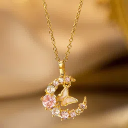 Designs & You Gold-Plated Stainless Steel Stones Studded Contemporary Pendant With Chain image 3