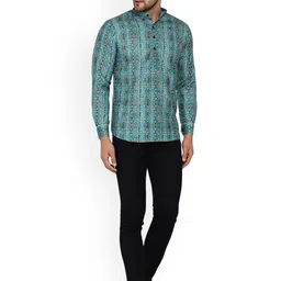 VEERA PARIDHAAN Ethnic Motifs Printed Band Collar Long Roll-Up Sleeves Straight Kurta image 2