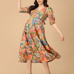 The Mom Store Color Drip Women Ethnic Motifs Printed Maternity Cotton Wrap Midi Dress image 2