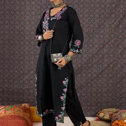 Indo Era Women Floral Embroidered Regular Thread Work Pure Cotton Kurta with Trousers-image-57