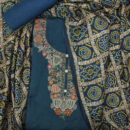Desi Fusion Floral Embroidered Thread Work Unstitched Dress Material image 1