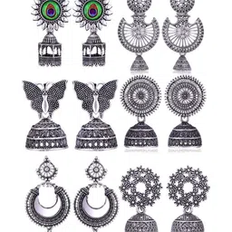 Sangria Set Of 6 Silver Plated Oxidized Jhumka Earrings-picture-30
