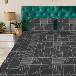 KLOTTHE Black Geometric 300 TC Cotton Blend Fitted Double Bedsheet with 2 Pillow Covers-picture-27
