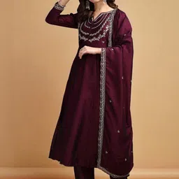 Omicron Fab Women Art Silk Embroidered Thread Work Kurta & Trouser With Dupatta Ser image 3