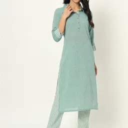 besolid Striped Shirt Collar Straight Kurta With Trousers-picture-18