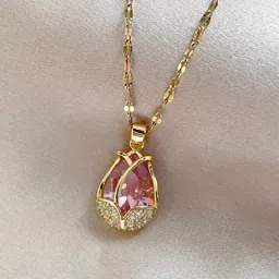 BEYTER Stainless Steel Cubic Zirconia Stone Studded Oval Shaped Pendant With Chain image 2