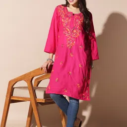 Fashionable Chikan Handikraft Floral Embroidered Thread Work Cotton Straight Kurta-picture-31