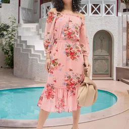 DressBerry Floral Print Off-Shoulder Puff Sleeve Georgette Empire Midi Dress-image-3