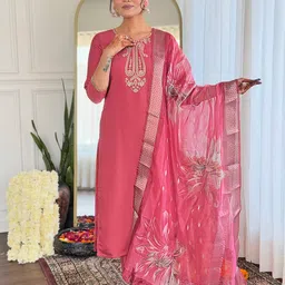 KALINI Notch Neck Chanderi Silk Straight Kurta With Trouser And Dupatta-picture-21