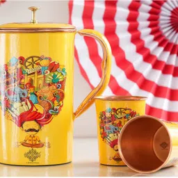 Rajasthani "Padharo Myare Desh" Printed Copper Drinkware Jug & 2 Glass Gif Set Jug Glass Set-image-0