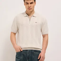 the bear house Men Self Design Polo Neck Pure Cotton Beige T-Shirt-picture-13