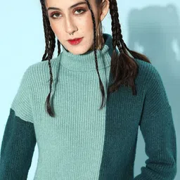 STREET 9 Women Green Colourblocked Pure Acrylic Pullover-image-9