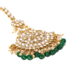 Zaveri Pearls Gold-Plated White & Green Kundan-Studded Beaded Maang Tikka image 3