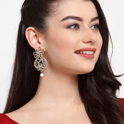 ANIKAS CREATION White Gold-Plated Kundan Studded Contemporary Drop Earrings image 4