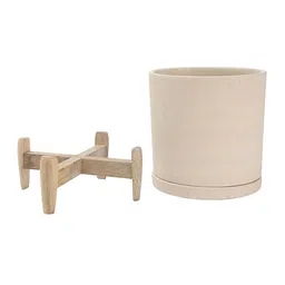 ellementry Cream-Coloured Textured Ceramic Planter With Wooden Stand image 2