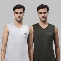 Vimal Jonney Light Grey & Dark Olive Sleeveless Lounge T-Shirt - Pack of 2-image-91