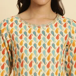 W Beige Cotton Printed Fit & Flare Kurta image 5