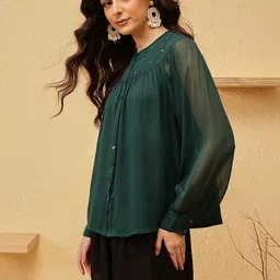 QUIERO BLUES Solid Embellished Round Neck Gathered Regular Top image 4