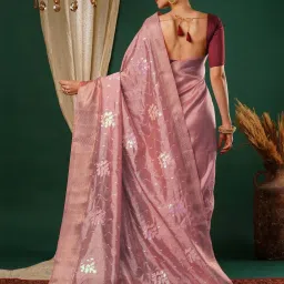 Satrani Rose Pink Embroidered Saree With Unstitched Blouse image 3