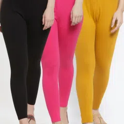 Gracit Black & Pink Mid Rise Leggings - Pack Of 3-image-94