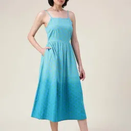 Fabindia Blue Cotton Printed A-Line Dress-image-81