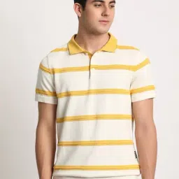 The Bear House Cream Cotton Regular Fit Striped Polo T-Shirt-image-0