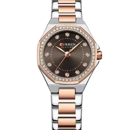 Curren Women Brass Embellished Dial & Stainless Steel Bracelet Style Straps Analogue Watch CR-9100-TT-Brown image 5