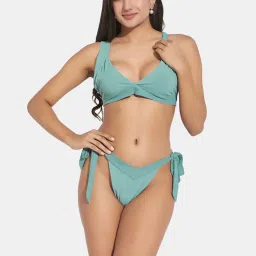 Secrets By ZeroKaata Green & Pink Plain Swimwear Bikini image 3