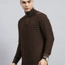 Monte Carlo Brown Cotton Regular Fit Self Pattern Pullover image 3