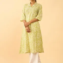 Taneira Green Cotton Regular Fit Geometric Kurta image 3