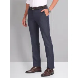 AD by Arvind Dark Blue Slim Fit Textured Flat Front Trousers image 2