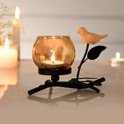 Tayhaa Black Metal Tralight Holder with Beautiful Bird on the Stand-picture-19