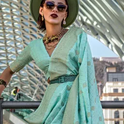 Saree Mall Turquoise Woven Sarees With Unstitched Blouse image 3