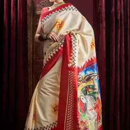 Saree Mall White Printed Sarees With Unstitched Blouse image 3