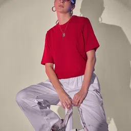 QIOA Round Neck New Basics Cotton Raw Edge Oversized Fit T-shirt image 2