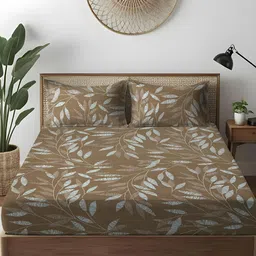 WEAVE AND DECOR Brown Leaf Printed 300 TC Pure Cotton Queen Bedsheet Set - 2.2 m x 2.2 m-picture-40