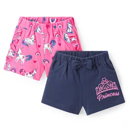 Doodle Poodle Cotton Knit Above Knee Length Shorts Unicorn & Text Print Pack of 2 - Pink & Navy Blue-picture-18