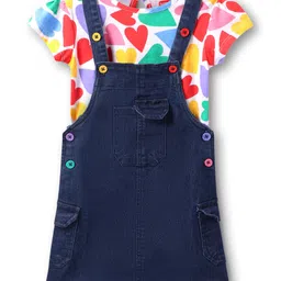 Babyhug Woven Denim Frock With Half Sleeves Heart Printed Inner Tee - Navy Blue & White-picture-18