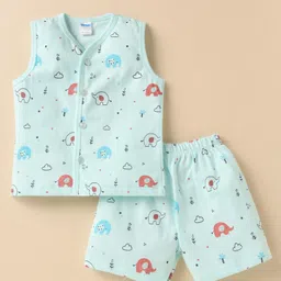 Tango Single Jersey Knit Front Open Sleeveless with Elephant Print Jhabla & Shorts Set - Light Blue-picture-21