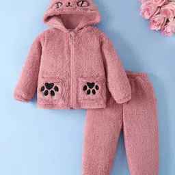 Mark & Mia Full Sleeves Front Open Hooded Winter Wear Night Suit with Kitty & Paw Design - Pink-picture-24