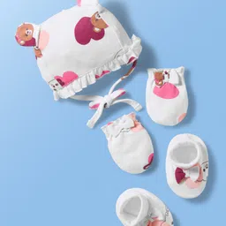 Babyoye 100% Cotton with Eco-Jiva Finish Teddy Printed Cap Mitten & Booties Set White - Diameter 13.5 cm-picture-11