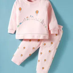 Tango Fleece Knit Full Sleeves Winter Wear T-Shirt & Joggers Set with Hot Air Balloon Print - Pink-picture-18