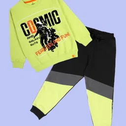 Kiddopanti Fleece Knit Full Sleeves Cosmic Text Printed Light Winter Sweatshirt With Track Pants Set - Neon Green & Black-picture-24