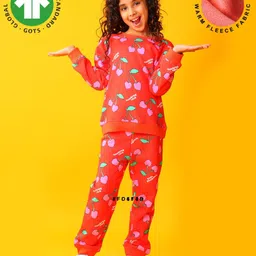 Anthrilo Fleece Knit Full Sleeves Cherry Printed Coordinating Winter Sweatshirt & Jogger Set - Red-image-30