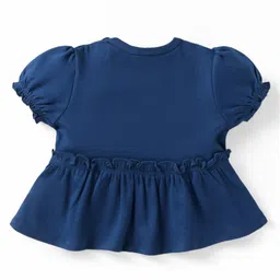 Babyoye Eco Conscious 100% Cotton Knit With Eco Jiva Finish Half Puffed Sleeves Top & Lounge Pant Set With Floral Print & Bow Applique - Navy Blue image 3